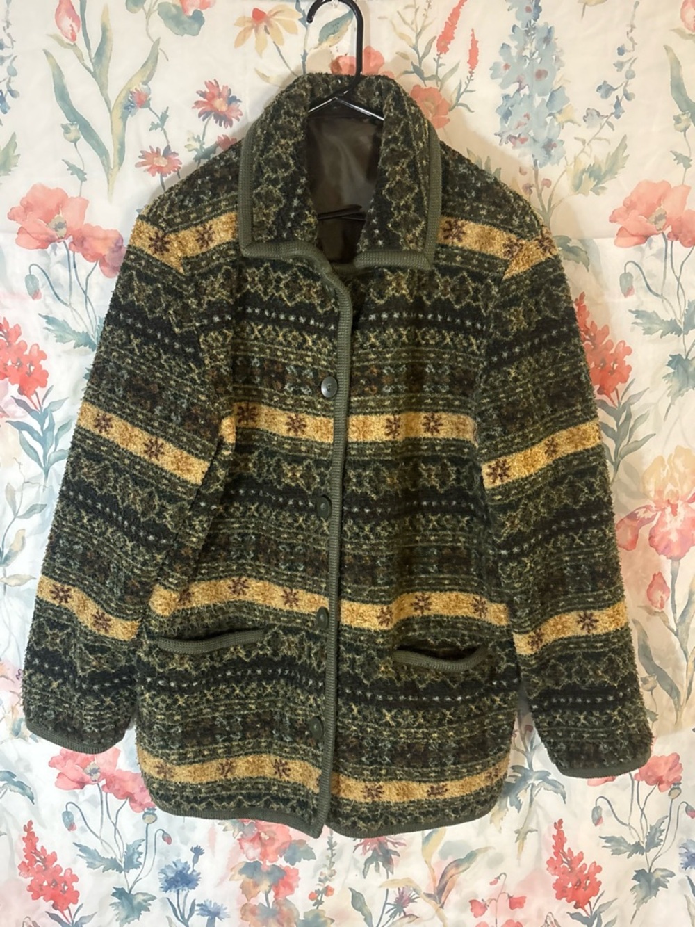 Vintage Women's Patterned Olive & Mustard Wool-Blend Jacket